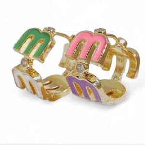 Gold Tone Enamel 'M' Hoop Earrings - Pink, Green, Purple, White